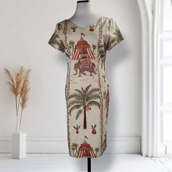 Vintage 90s Elephant Tapestry Print Midi Dress Size 8 Beaded Cotton India - Picture 2 of 16